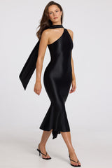 Asymmetric Scarf-Detail Midaxi Dress in Black