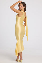 Asymmetric Scarf-Detail Midaxi Dress in Butter Yellow
