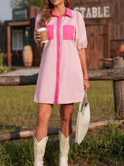 Stripe Color Block Patchwork Shirt Collar Button Down Puff Sleeve Mini Dress