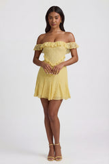 Off-Shoulder Lace A-Line Mini Dress in Pastel Yellow