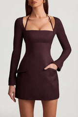 Pinstripe Structured A-Line Mini Dress in Chocolate Brown