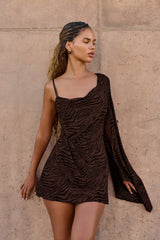 Devoré One-Sleeve A-Line Mini Dress in Dark Chocolate
