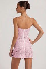 Sheer Embellished Square-Neck Mini Dress in Pink