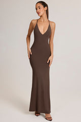 Modal Plunge Backless Maxi Dress in Chocolate Brown
