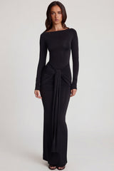 Soft Jersey Boat-Neck Tie-Gather Maxi Dress in Black