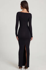 Soft Jersey Boat-Neck Tie-Gather Maxi Dress in Black