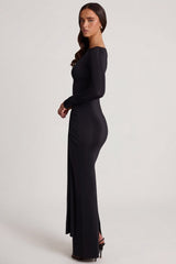 Soft Jersey Boat-Neck Tie-Gather Maxi Dress in Black