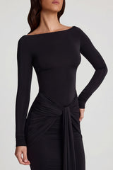 Soft Jersey Boat-Neck Tie-Gather Maxi Dress in Black