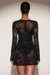 Sheer Embellished Bodysuit Corset Mini Dress in Black