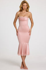 Satin Lace-Trim Bandeau Fluted Midaxi Dress in Blush Pink