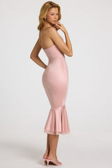 Satin Lace-Trim Bandeau Fluted Midaxi Dress in Blush Pink