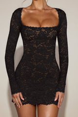 Sheer Scalloped-Lace Long-Sleeve Mini Dress in Black