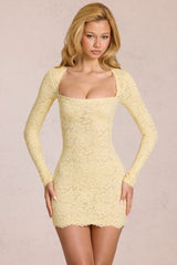 Scalloped-Lace Long-Sleeve Mini Dress in Lemon Yellow