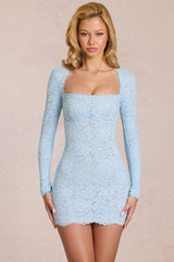 Scalloped-Lace Long-Sleeve Mini Dress in Powder Blue