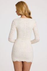 Scalloped-Lace Long-Sleeve Mini Dress in White