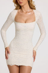 Scalloped-Lace Long-Sleeve Mini Dress in White