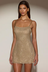 Embellished Soft-Scoop Backless Fitted Mini Dress in Gold