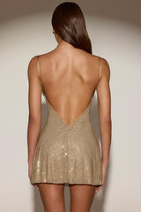 Embellished Soft-Scoop Backless Fitted Mini Dress in Gold