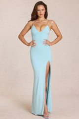 Deep V-Neck Maxi Dress in Light Blue