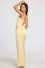 Corseted Thigh-High Split Maxi Dress in Butter Yellow