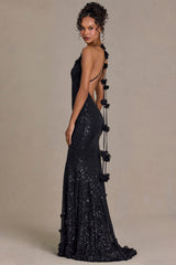 Embellished Plunge Open-Back Gown in Black