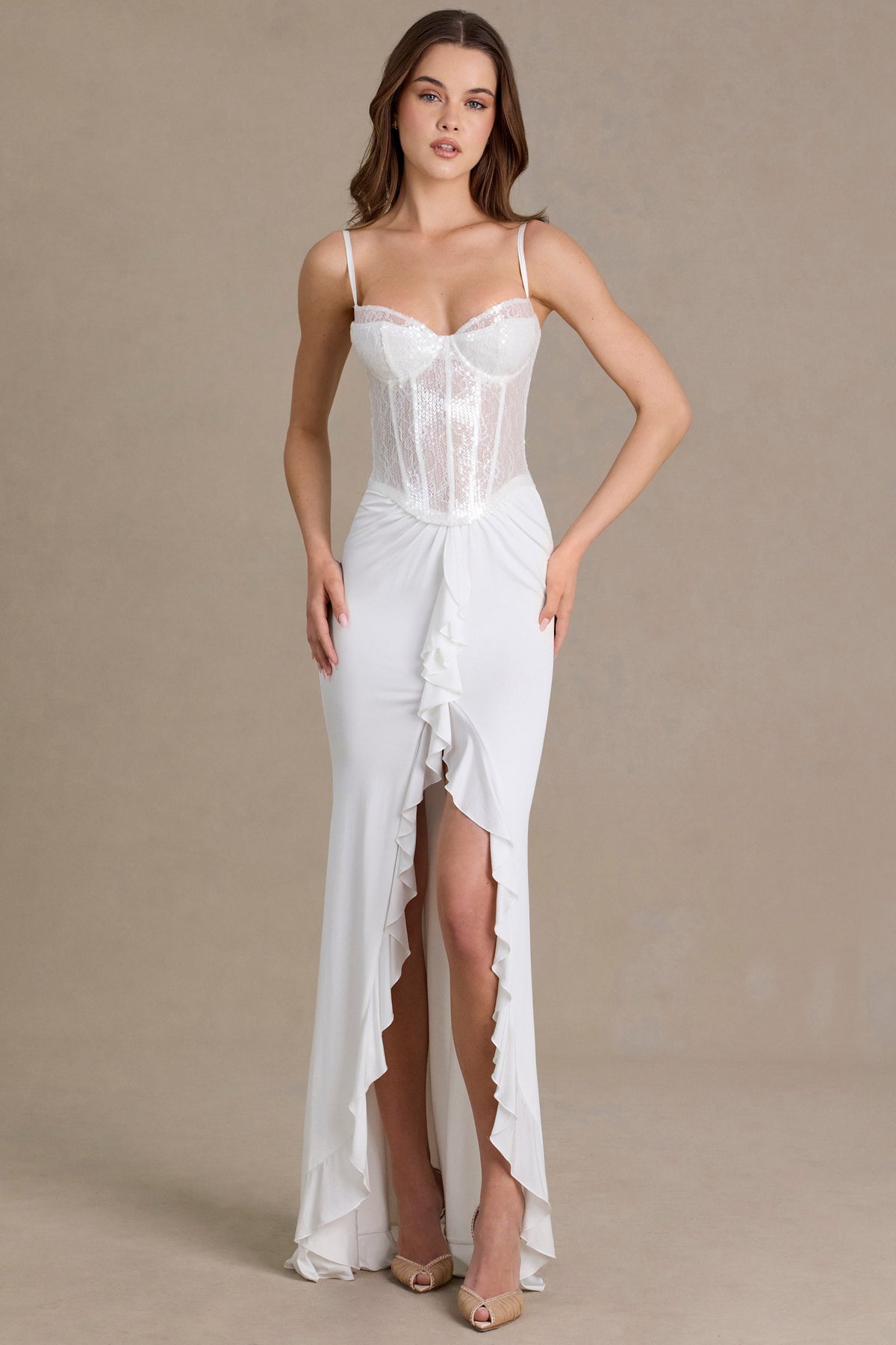 Embellished Lace Corset Gown in Snow