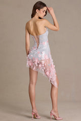 Embellished Tulle Corset Mini Dress in Silver Floral