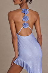 Embellished Plunge Asymmetric Maxi Dress in Sky Blue