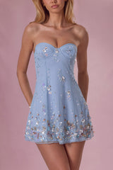 Embellished Bandeau Mini Dress in Sky Blue
