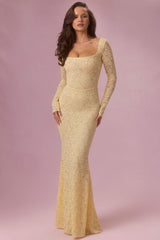 Lace Long-Sleeve Maxi Dress in Butter