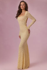 Lace Long-Sleeve Maxi Dress in Butter