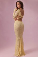 Lace Long-Sleeve Maxi Dress in Butter