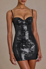 Sequin Lace Corset Mini Dress in Black
