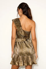 Kunisa Gold Plisse Ruffled One-Shoulder Mini Dress