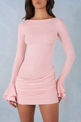 Ribbed Modal Long-Sleeve Draped Mini Dress in Blush Pink