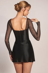 Embellished Long-Sleeve Draped Mini Dress in Black