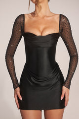 Embellished Long-Sleeve Draped Mini Dress in Black