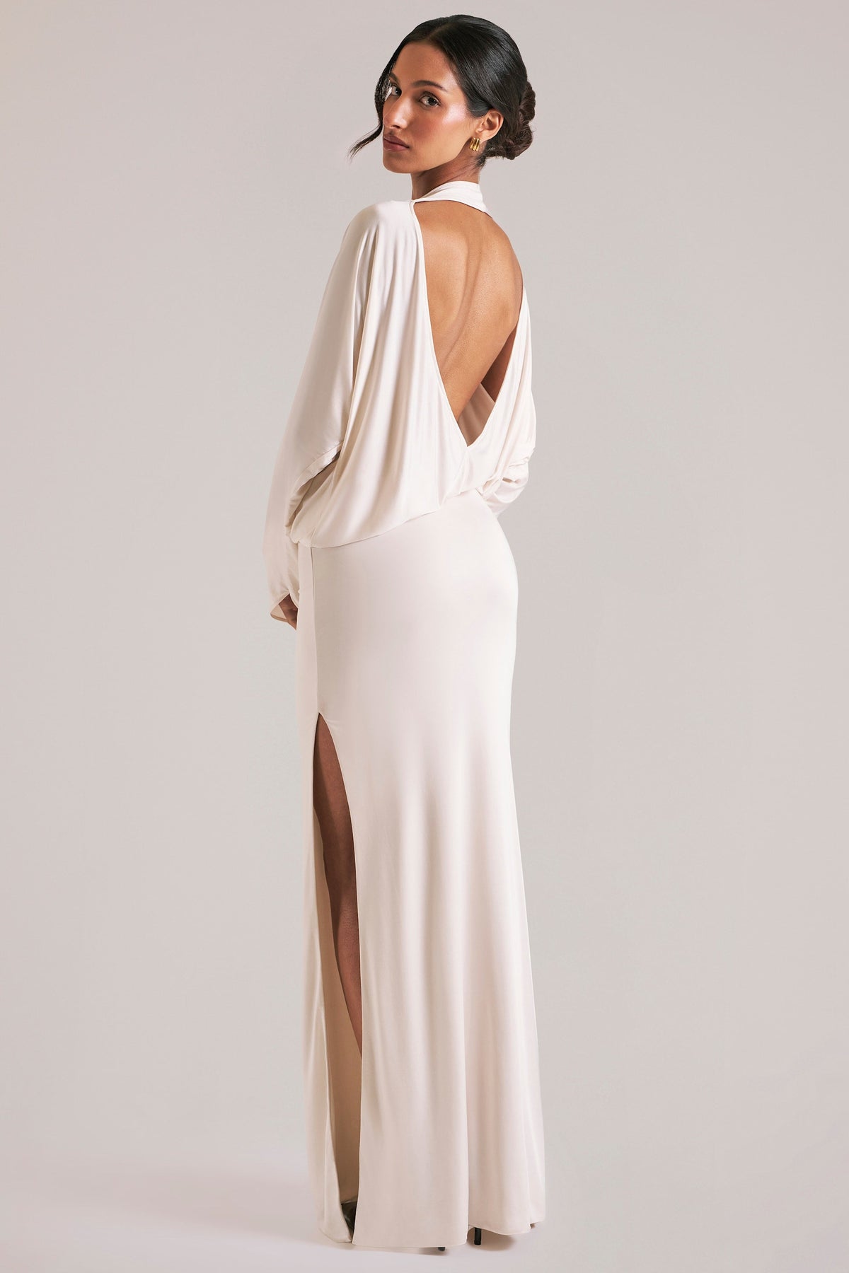Long-Sleeve Draped Maxi Dress in Vanilla