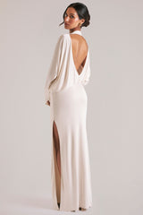 Long-Sleeve Draped Maxi Dress in Vanilla