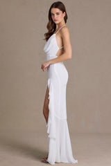 Chiffon Cowl-Neck Open-Back Gown in Snow