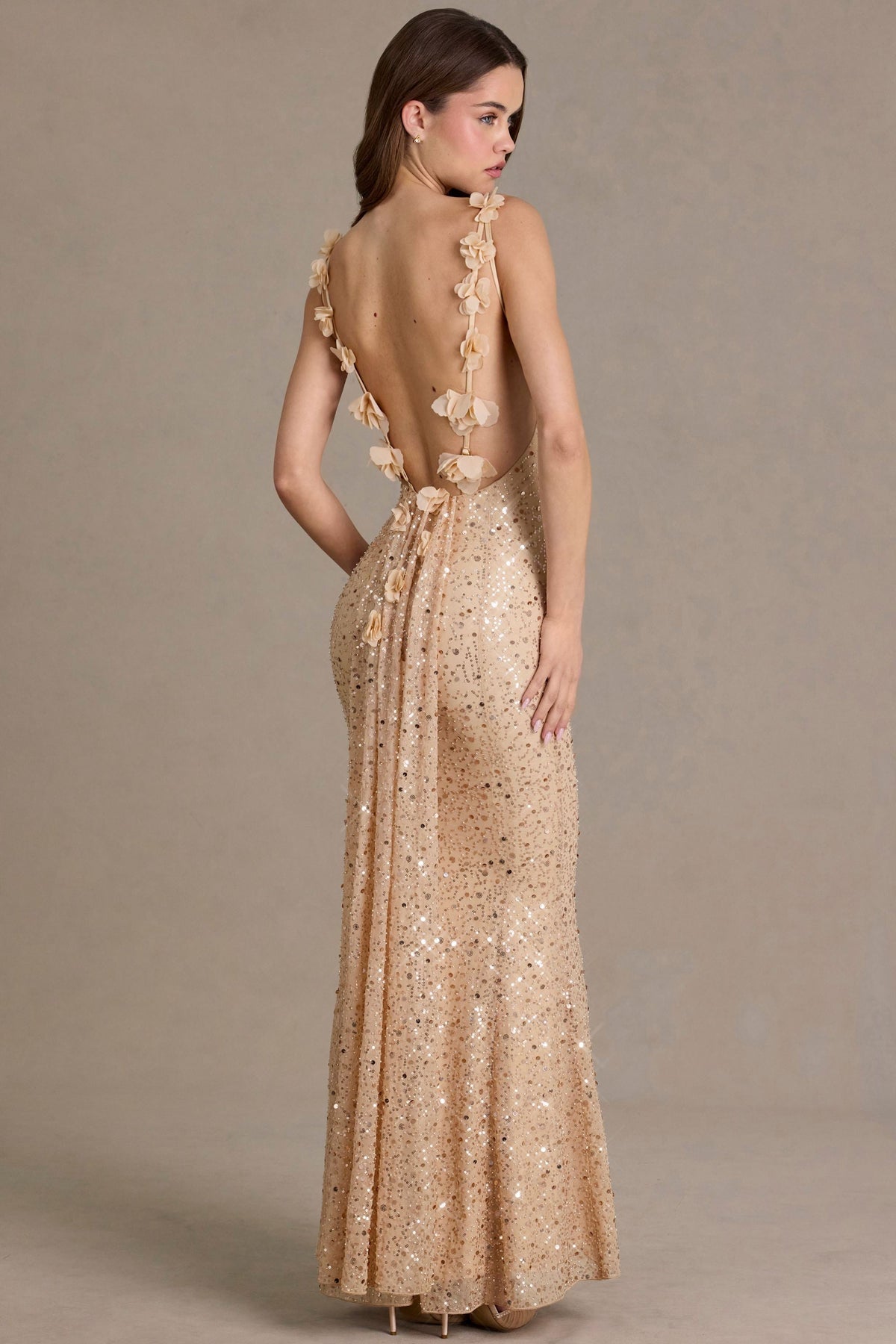 Embellished Open-Back Maxi Dress in Gold