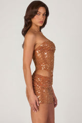 Embellished Cut-Out Mini Dress in Bronze