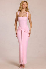 Square-Neck Tie-Gather Maxi Dress in Blossom Pink