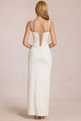 Lace Corset Maxi Dress in Pearl