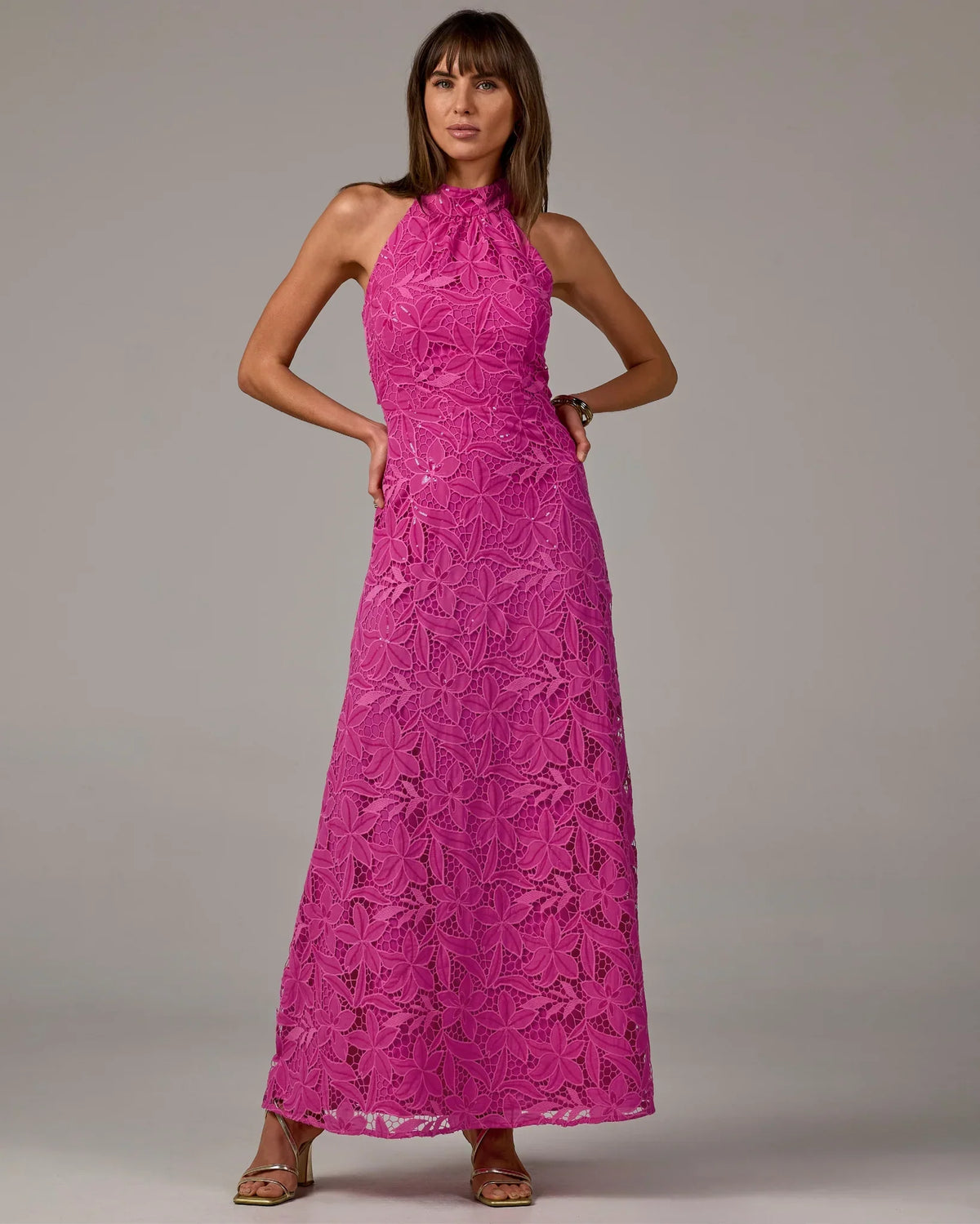 Sequin Lace Halter Neck Maxi Dress Raspberry Rose