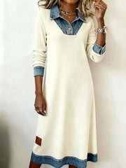 Full Size Denim Trim Ribbed Knit Midi Dress Plus Size