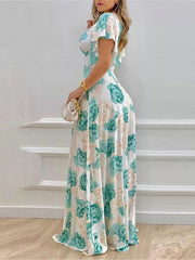 Floral Print V-Neck Ruffle Sleeve Maxi Dress