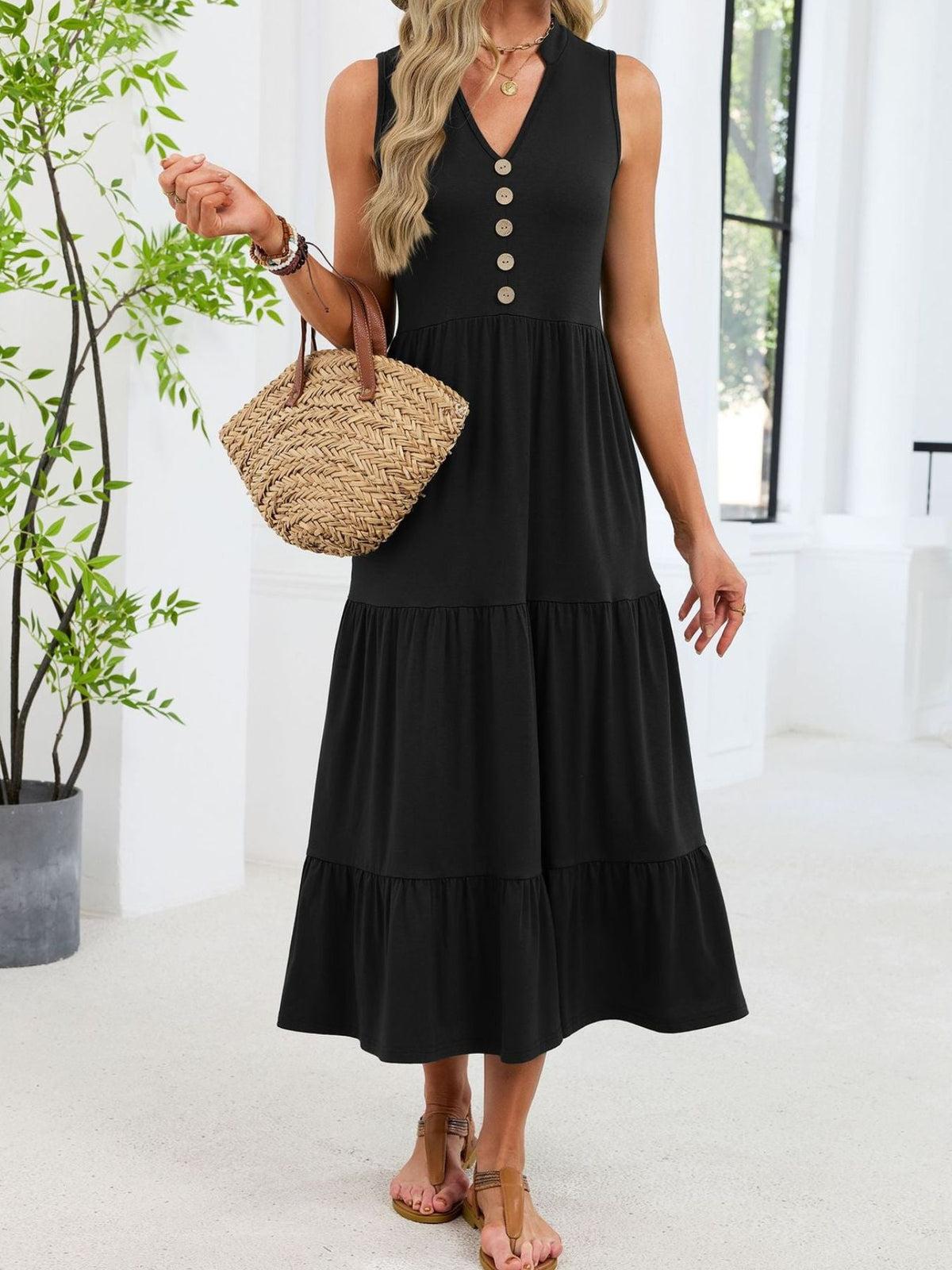 Sleeveless Notched Tiered Midi Dress