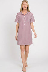 Zenana Stripe Collared Half Button Up T-Shirts Dress
