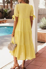 Gingham Textured Bow Tie Short Sleeve Tiered Midi Dress